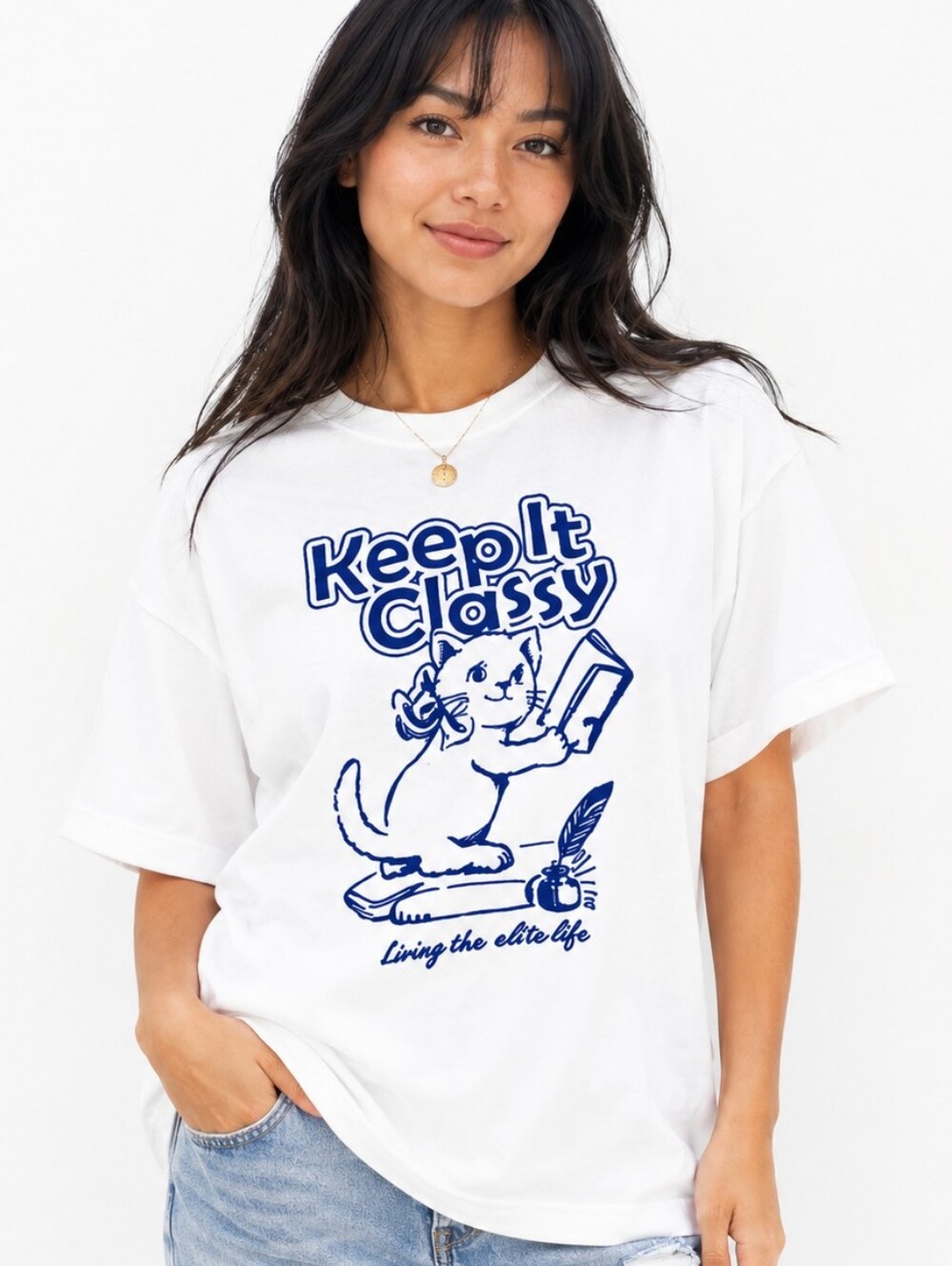 Urban Revivo White Blue Velevet Graphic T Shirt Size L Keep It Classy